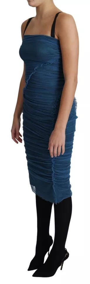  - Blue Draped Tulle Midi Sheath Cotton Dress