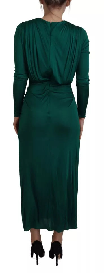  - Dark Green Viscose Long Sleeve Midi Dress