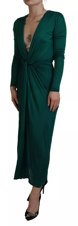  - Dark Green Viscose Long Sleeve Midi Dress