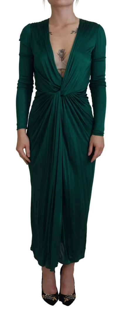  - Dark Green Viscose Long Sleeve Midi Dress