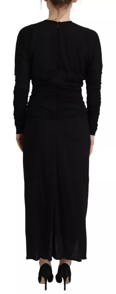  - Black Sheath Midi Gown Wool Wrap Dress