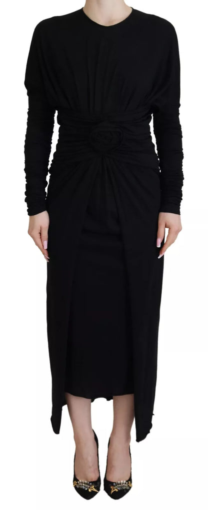  - Black Sheath Midi Gown Wool Wrap Dress