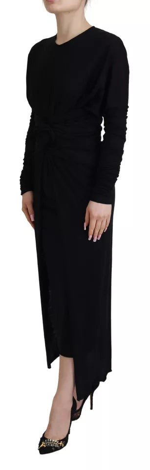  - Black Sheath Midi Gown Wool Wrap Dress