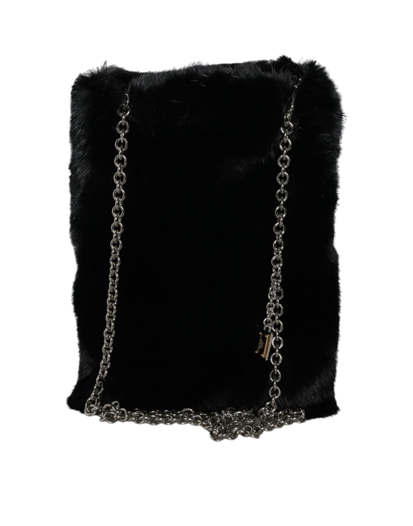  - Black Faux Fur Silver Chain Crossbody Shoulder Purse Bag