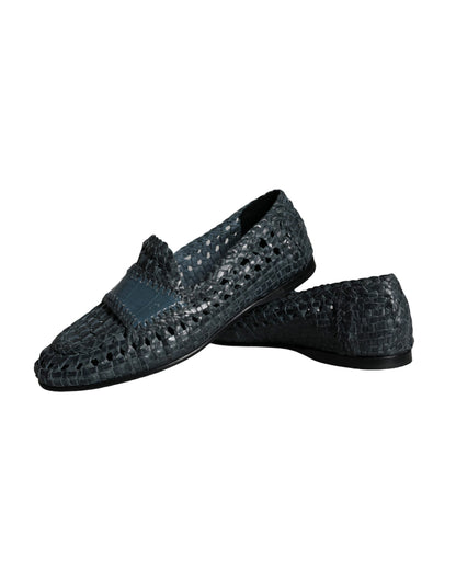 Blue Woven Leather Slip On Loafers Men Shoes - The Luxe Alliance