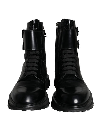  - Black Leather Lace Up Men Mid Calf Boots Shoes