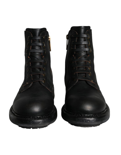 Dolce & Gabbana Black Lace Up Mid Calf Boots for Men