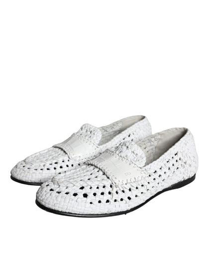  - White Woven Leather Slip On Loafers Men Shoes