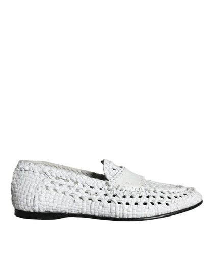 Dolce & Gabbana White Woven Leather Slip On Loafer Shoes for Men
