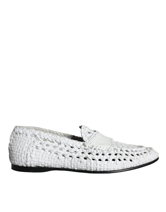 Dolce & Gabbana White Woven Leather Slip On Loafer Shoes for Men