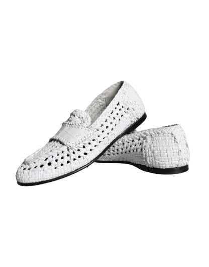  - White Woven Leather Slip On Loafers Men Shoes