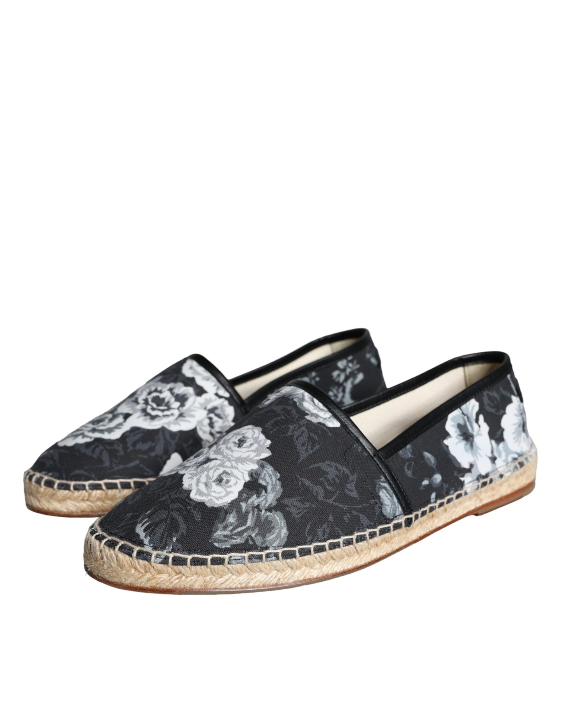 Black Floral Cotton Leather Espadrilles Shoes