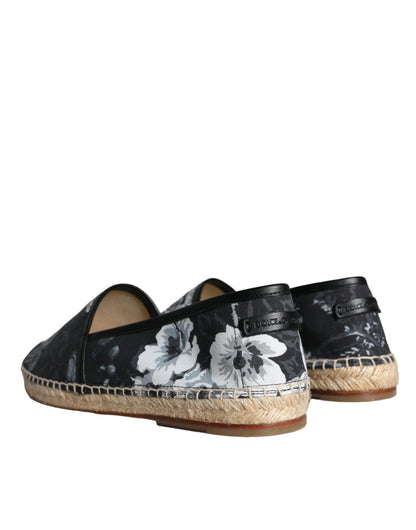  - Black Floral Cotton Leather Espadrilles Shoes