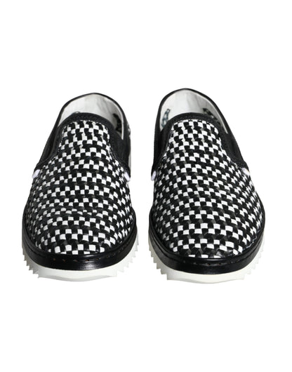  - Black White Weaved Slip On Men Loafers Shoes