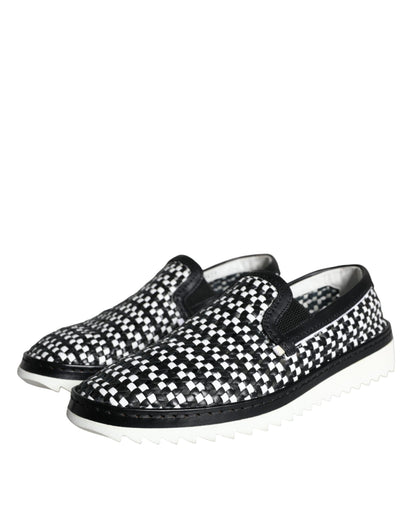  - Black White Weaved Slip On Men Loafers Shoes