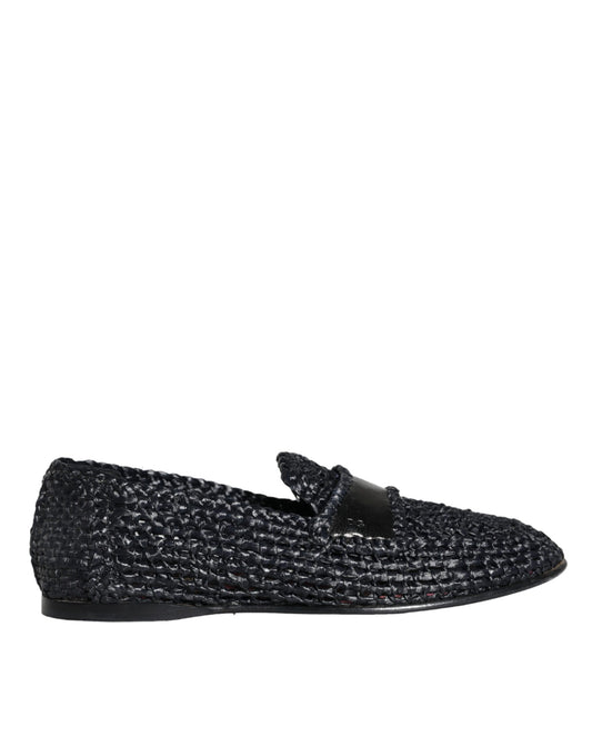  - Black Woven Raffia Slip On Loafers Men Shoes