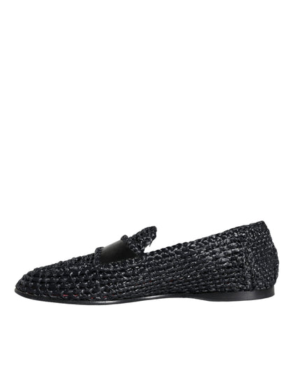  - Black Woven Raffia Slip On Loafers Men Shoes