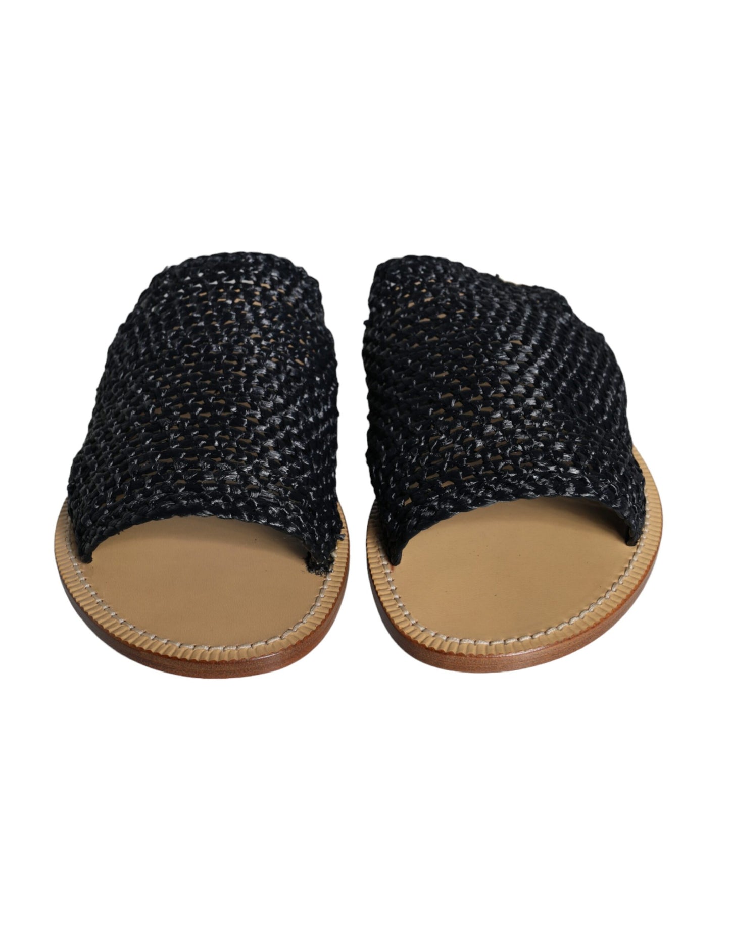  - Black Monochrome Braided Raffia Slides Shoes