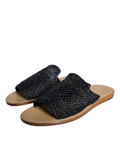  - Black Monochrome Braided Raffia Slides Shoes