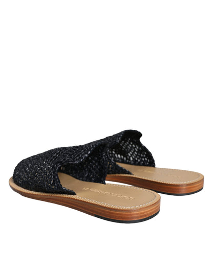  - Black Monochrome Braided Raffia Slides Shoes