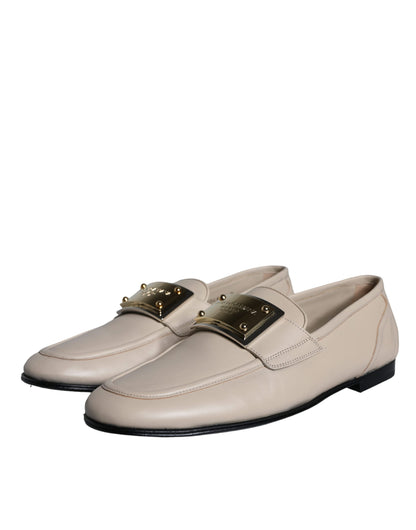  - Beige Leather Logo Plaque Slip On Men Loafers Shoes