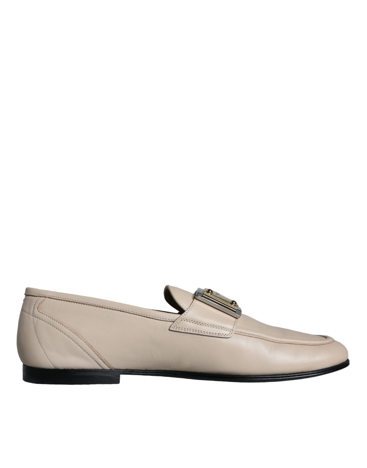  - Beige Leather Logo Plaque Slip On Men Loafers Shoes