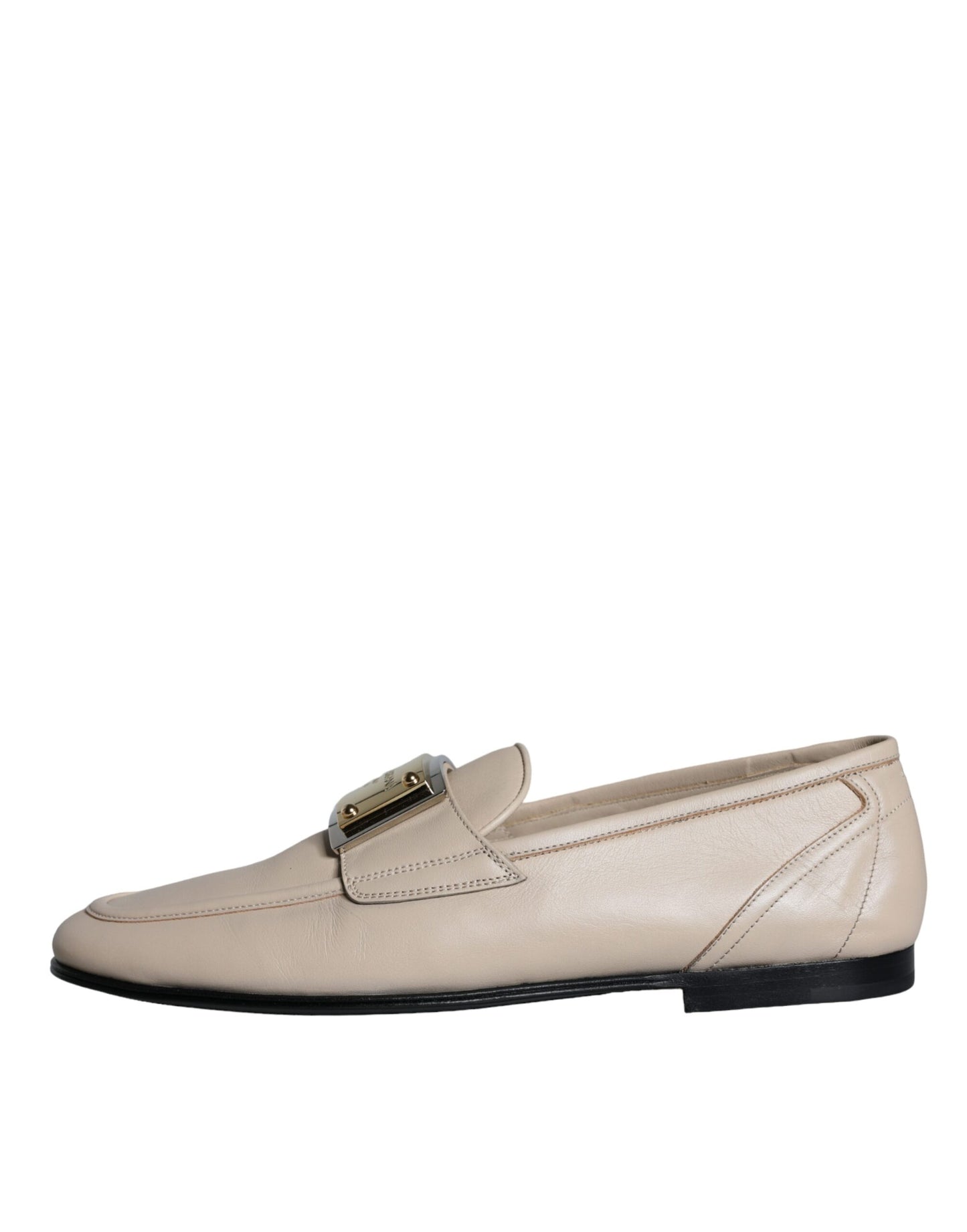  - Beige Leather Logo Plaque Slip On Men Loafers Shoes