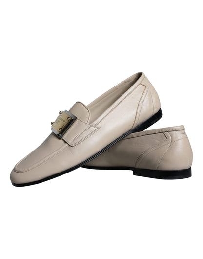  - Beige Leather Logo Plaque Slip On Men Loafers Shoes