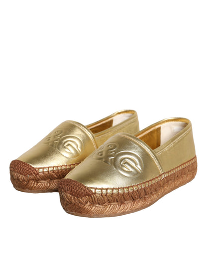  - Gold Leather Loafers Flats Espadrille Shoes