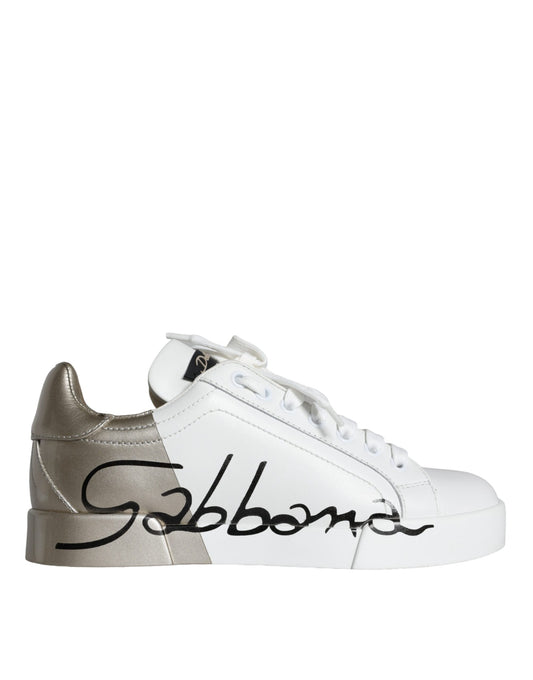  - White Gold Portofino Low Top Leather Sneakers Shoes