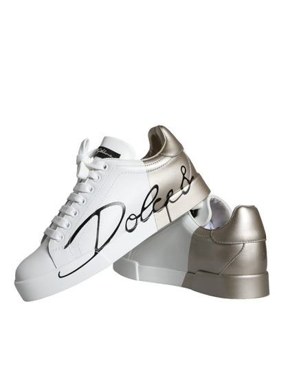  - White Gold Portofino Low Top Leather Sneakers Shoes