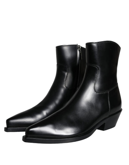  - Black Leather Ankle Boots Booties Shoes