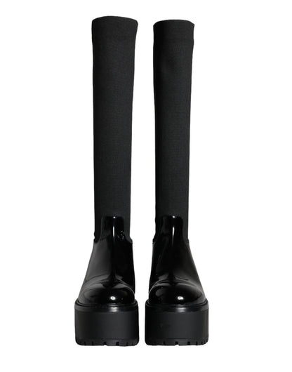  - Black Leather Jersey Knee High Boots Shoes