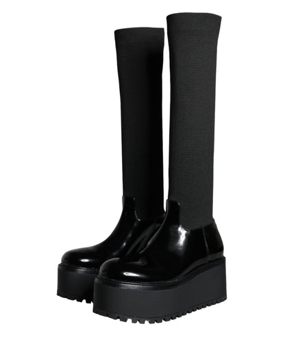  - Black Leather Jersey Knee High Boots Shoes