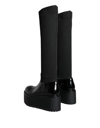  - Black Leather Jersey Knee High Boots Shoes