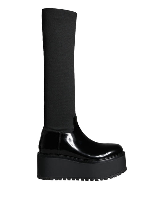  - Black Leather Jersey Knee High Boots Shoes