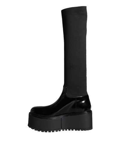  - Black Leather Jersey Knee High Boots Shoes