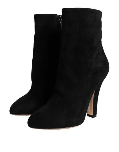  - Black Suede Leather Mid Calf Boots Shoes