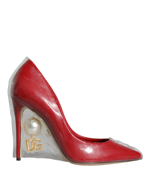  - Red Patent Leather Faux Pearl Heels Pumps Shoes