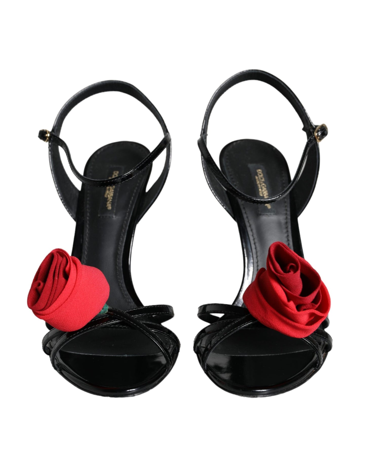  - Black Leather Rose Ankle Strap Keira Sandals Shoes