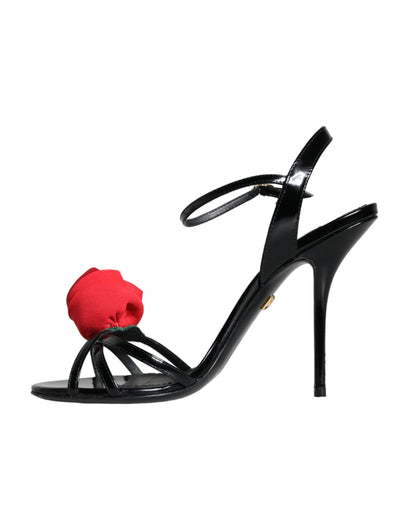  - Black Leather Rose Ankle Strap Keira Sandals Shoes