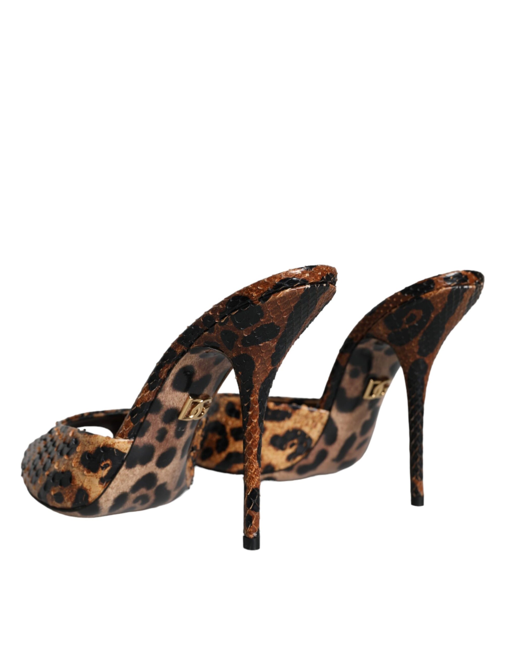 Brown Leopard Leather Slides Heels Sandals Shoes