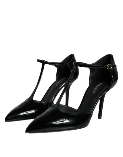  - Black Leather T-strap Stiletto High Heels Shoes