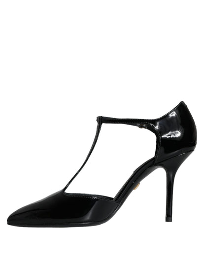  - Black Leather T-strap Stiletto High Heels Shoes