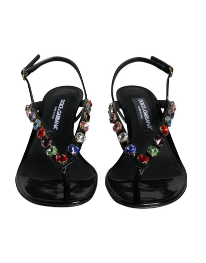  - Black Leather Crystal Slingback Sandals Shoes