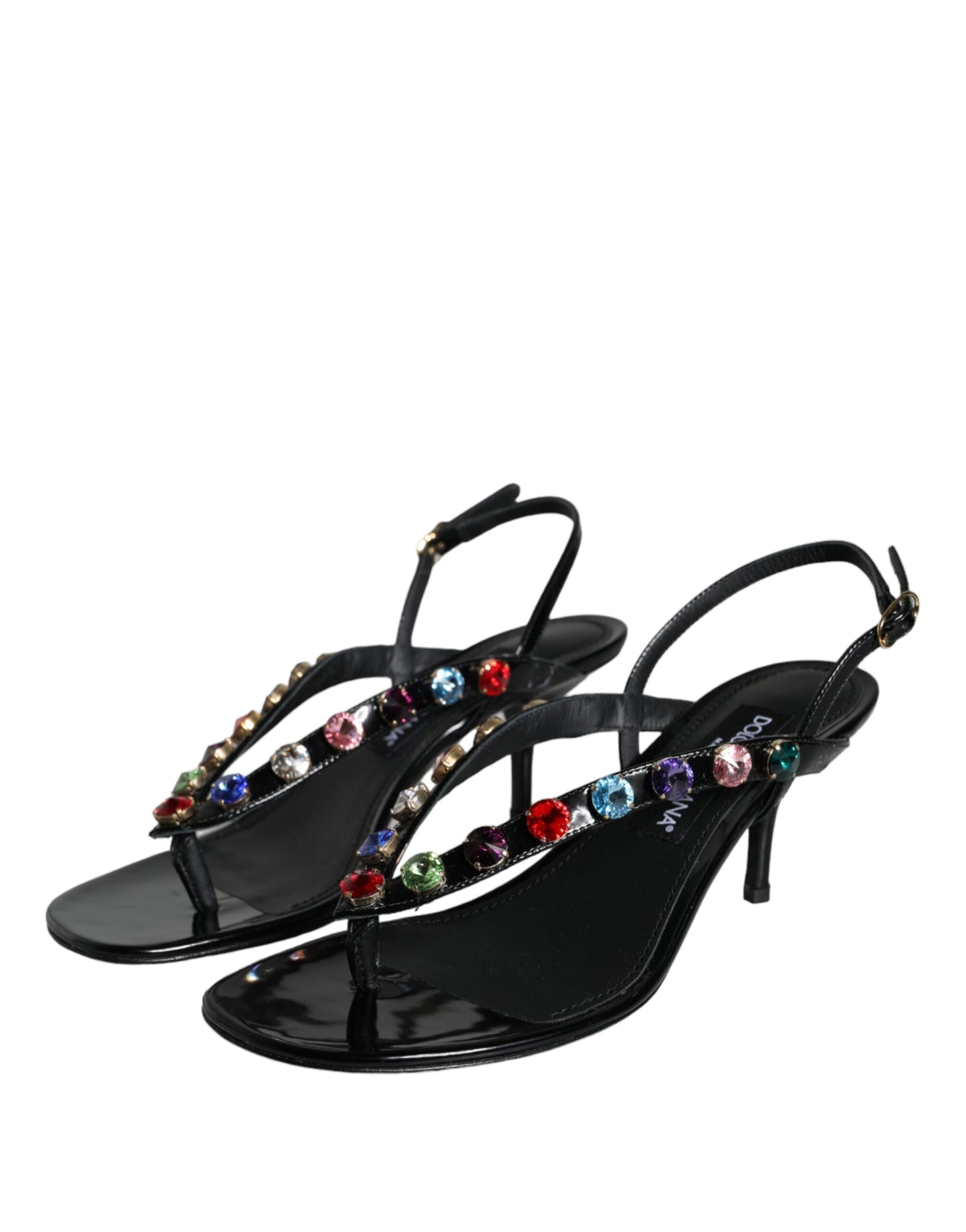  - Black Leather Crystal Slingback Sandals Shoes