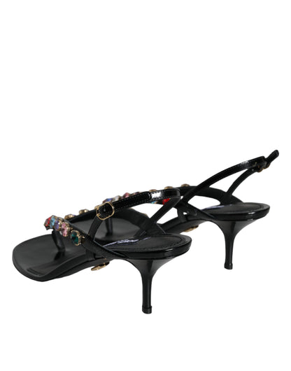  - Black Leather Crystal Slingback Sandals Shoes