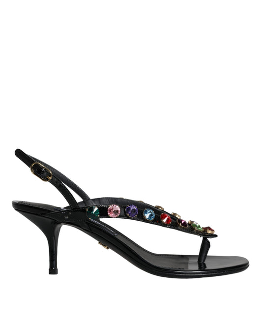  - Black Leather Crystal Slingback Sandals Shoes