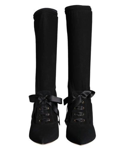  - Black Stiletto Heels Mid Calf Boots Shoes