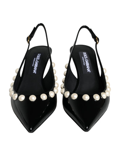  - Black Leather Faux Pearl Heel Slingback Shoes